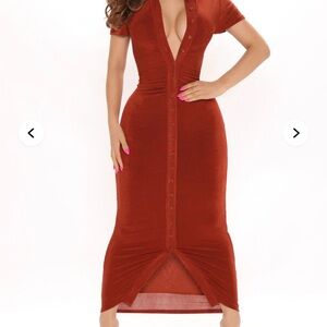 Fashion Nova Chocolate Rust Button-Down Ruched Maxi Dress Size L